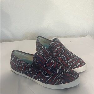 SeaVees Navy and Red Text Pattern Slip-Ons "I love you" Valentine's Day size 9.5